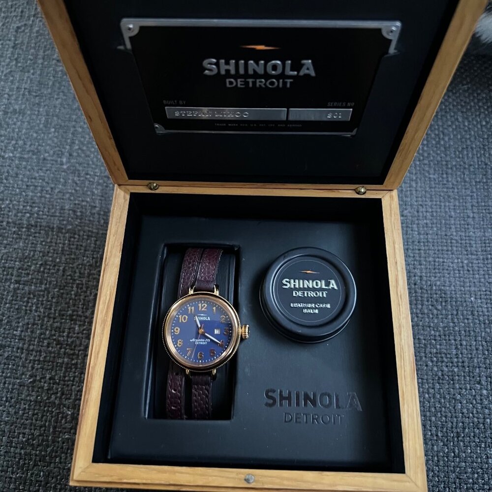 Shinola Birdy 34mm Rose Gold / Blue Dial Double Wrap Burgundy Leather Band -QUAR